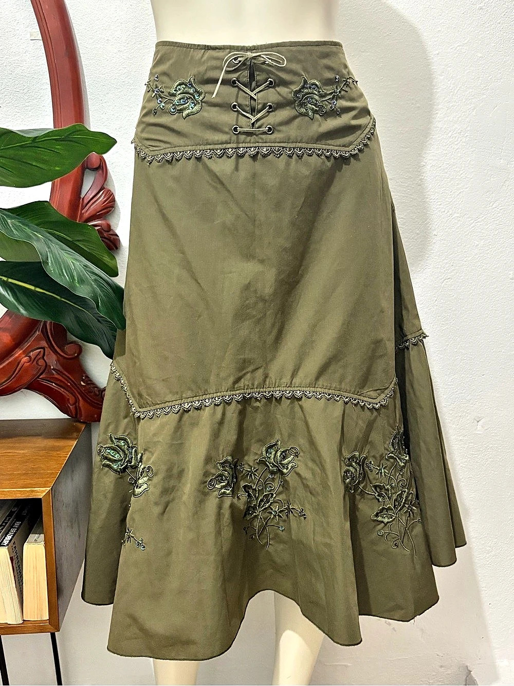 Y2K Womens MOA Embroidered Dark Green Sequin and Lace Up Boho Fairycore Midi Ski